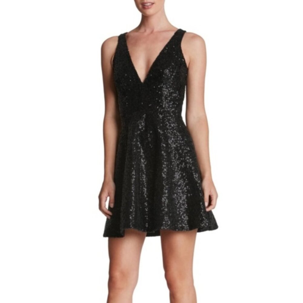 DRESS THE POPULATION Sz XL Carrie Black Sequin Fit & Flare Mini Dress